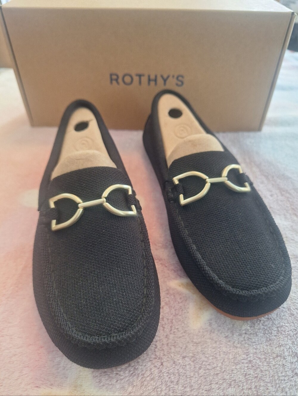 Rothy's Black Knit Loafers with Gold Horsebit Accent